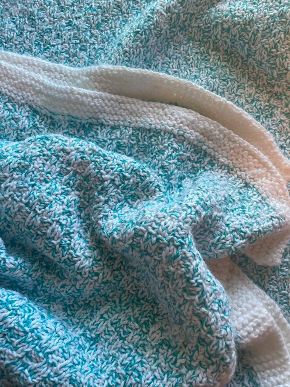 Hand Knit throw Baby Blanket Cozy coastal Textured Turquoise white 34'' x 55''